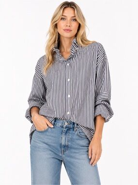 Tuckernuck Alex Mill Size Small Striped Ruffle Collar Button-Up Shirt Navy/Whit